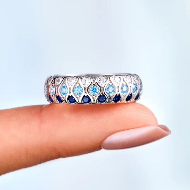 「Deep Sea Gradient」S925 Sterling Silver Three-Tone Blue Quilted Band Ring