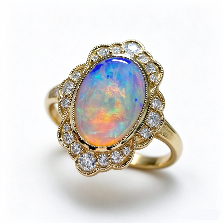 18K Gold Vintage Opal Ring Lace Halo Scalloped CZ Statement Ring