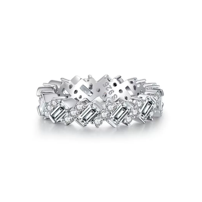 S925 Silver Art Deco Eternity Band Alternating Baguette & Round Cut CZ Ring