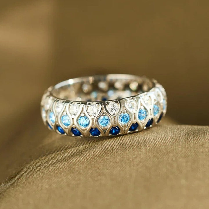 「Deep Sea Gradient」S925 Sterling Silver Three-Tone Blue Quilted Band Ring