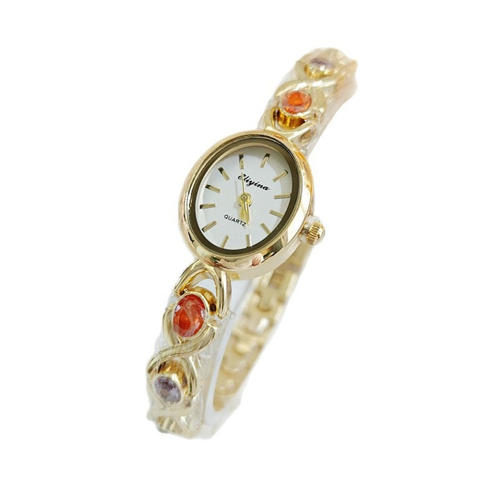 Gold-Plated Rainbow Gemstone Twist Oval Quartz Watch