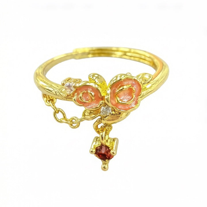 Rose Whispers Enamel Pink Rose Heart Charm Adjustable Ring