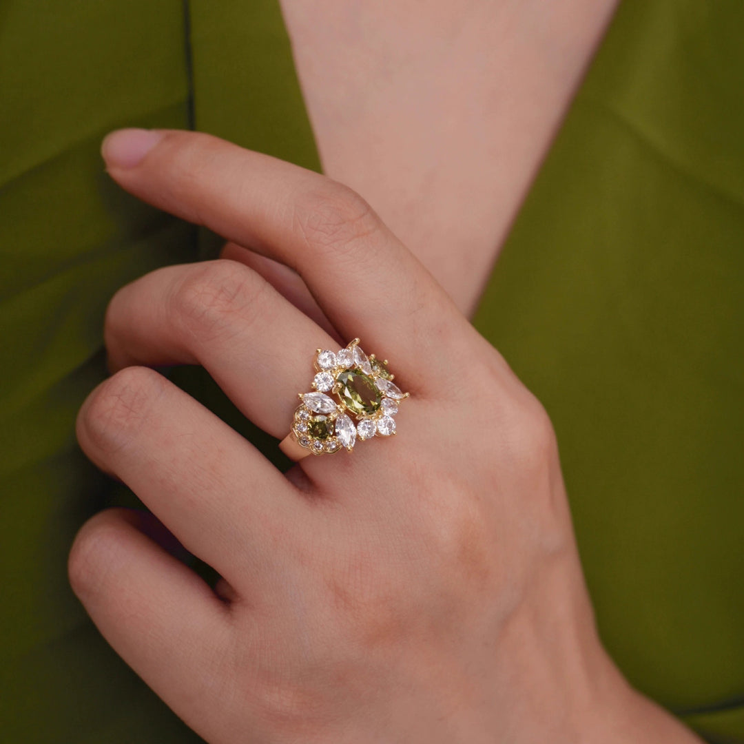18K Gold Plated Olive Green Gemstone Ring Set of 2