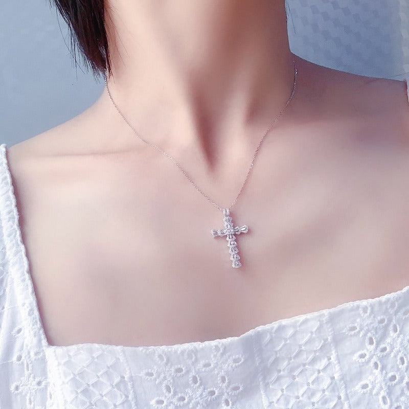 18K Gold / White Gold Baguette Cut CZ Cross Necklace
