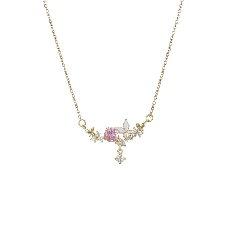 18K Gold / White Gold Pink CZ Butterfly Smile Necklace