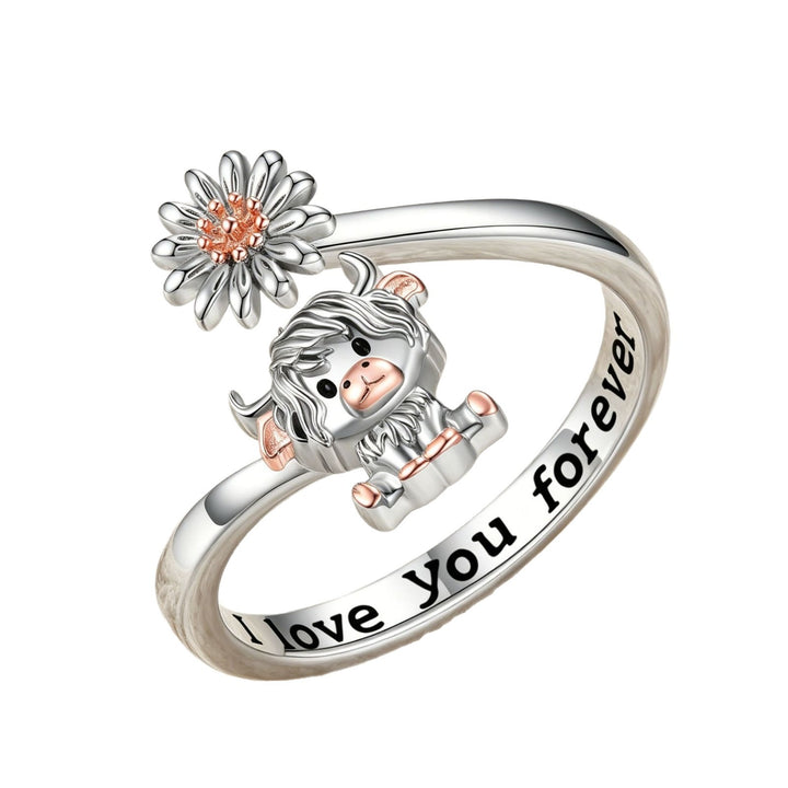 Two-Tone Scottish Highland Cow Daisy Adjustable Open Ring