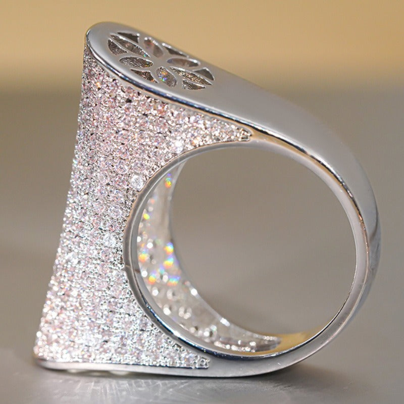 S925 Sterling Silver Pave CZ Wide Shield Statement Ring