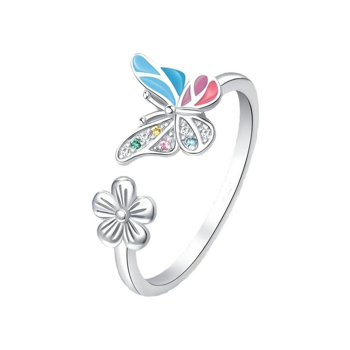 S925 Sterling Silver Enamel Butterfly Flower Open Ring