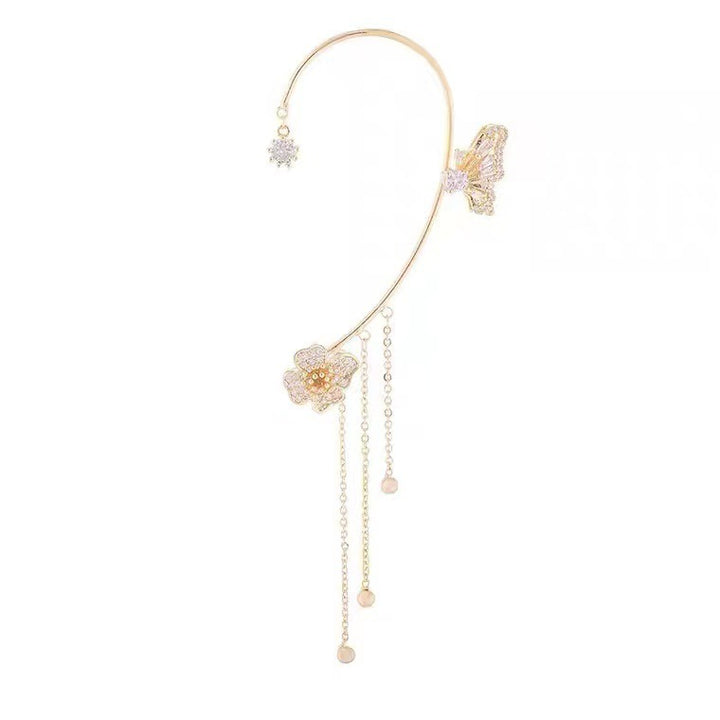 S925 Sterling Silver Butterfly Flower CZ Tassel Ear Climber Cuff