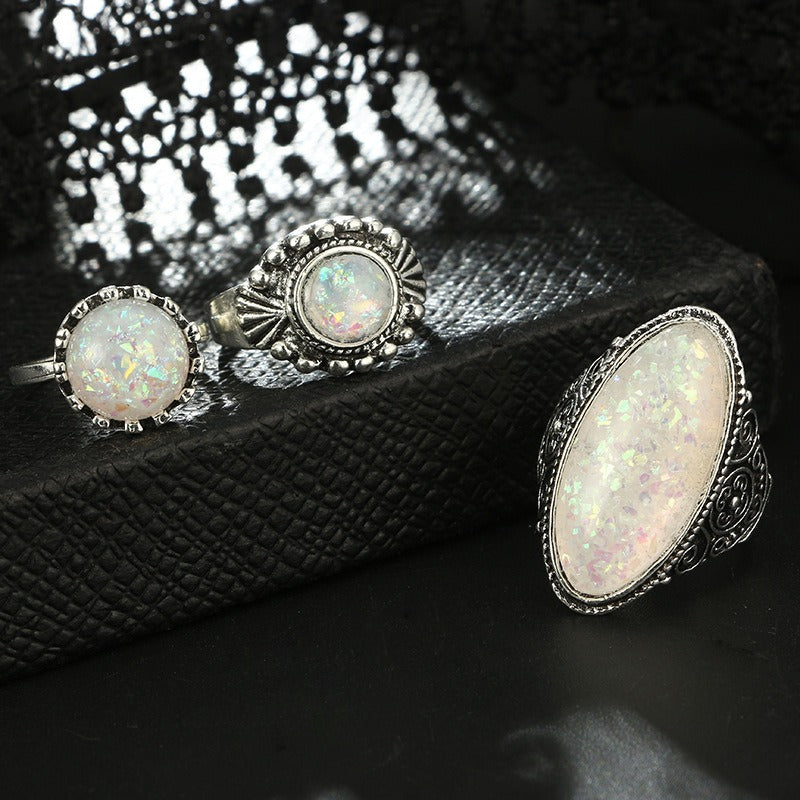 S925 Sterling Silver 7Pcs Vintage Carved Opal Ring Set