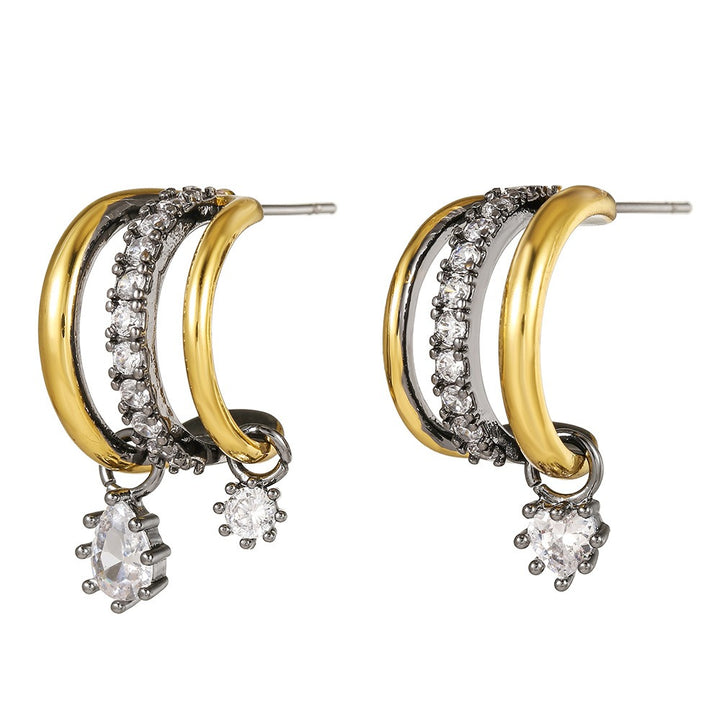Two-Tone Triple Layer C-Hoop Earrings with Moissanite Drops