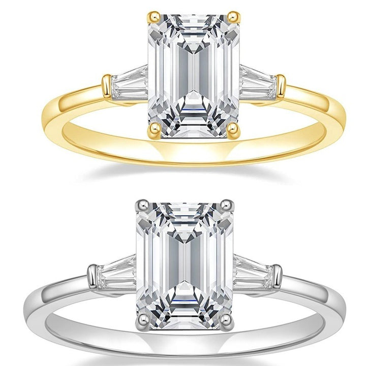 S925 Sterling Silver Emerald Cut Three-Stone Moissanite Ring