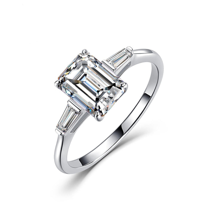S925 Sterling Silver Emerald-Cut Three-Stone Ring