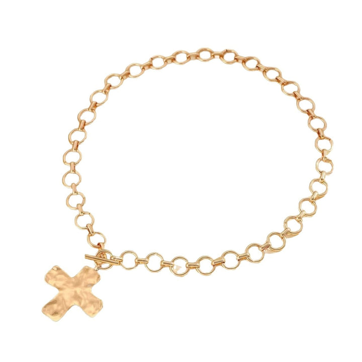 18K Gold / Silver Hammered Cross Pendant Toggle Necklace