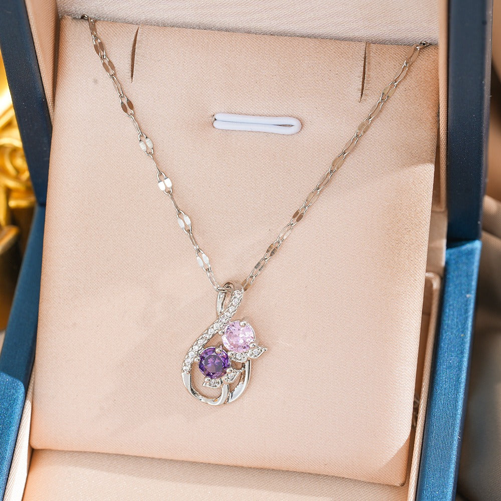 14K Gold Plated / S925 Sterling Silver Gradient Purple-Pink Zircon Flower Leaf Necklace