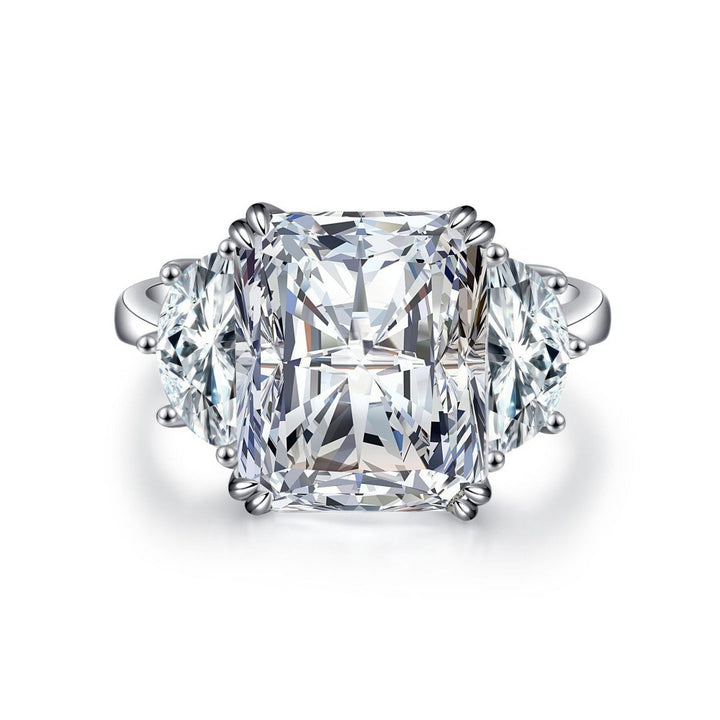 S925 Sterling Silver Radiant Cut Three Stone Ring, Cushion Simulated Diamond Statement Ring