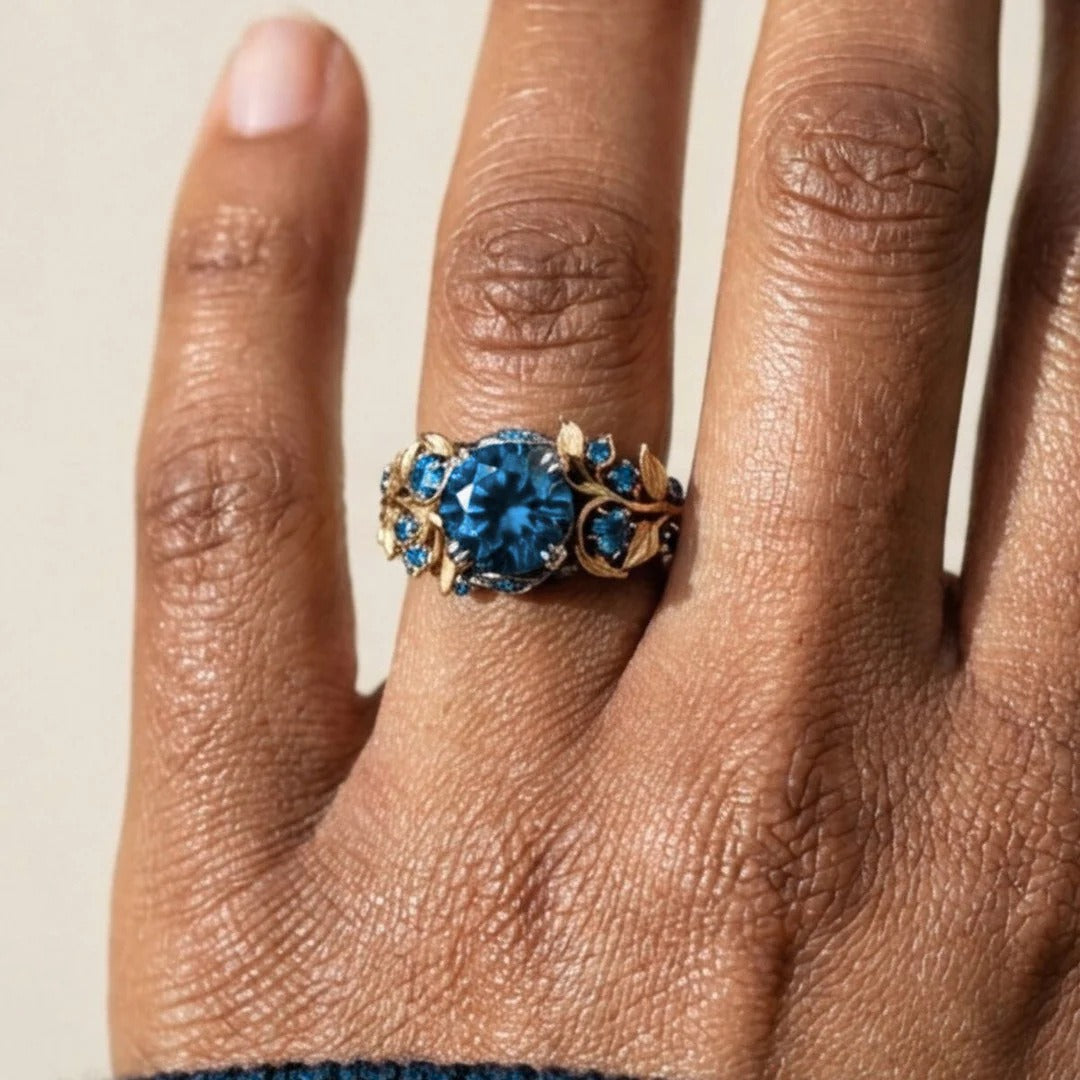 18K Gold  Dual-Tone Botanical Blue Gemstone Ring
