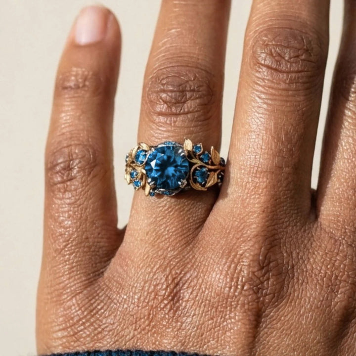 18K Gold  Dual-Tone Botanical Blue Gemstone Ring