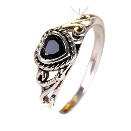 S925 Sterling Silver Natural Obsidian Heart Ring
