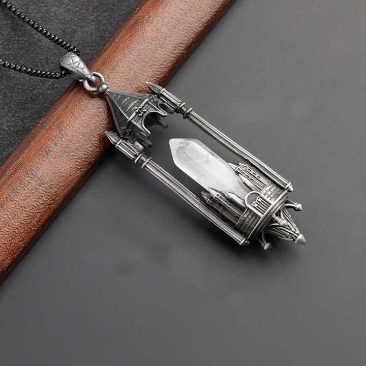 Gothic Boundary Guardian Natural Crystal Point Castle Pendant Necklace
