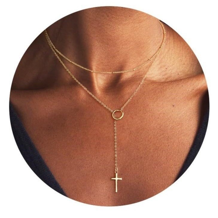 "Divine Layering" 14K Gold Cross Lariat Necklace