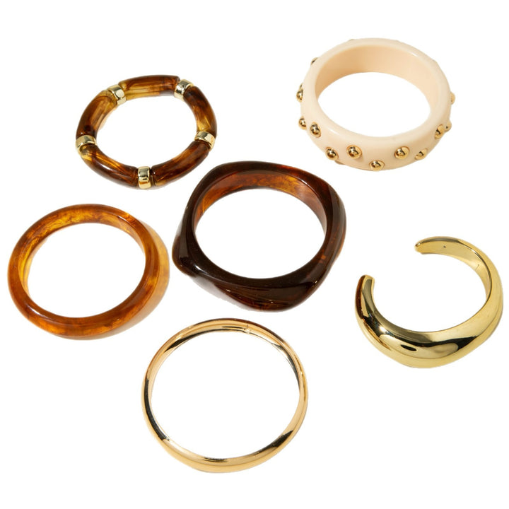 Retro Boho Tortoiseshell Resin Gold-Tone Metal Stacking Bangle Set
