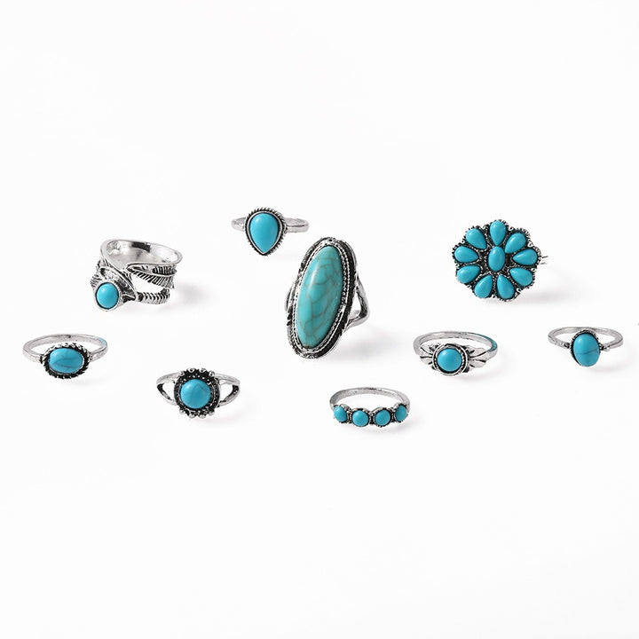 Bohemian Mystique S925 Silver Vintage Turquoise Stacking Open Ring Set
