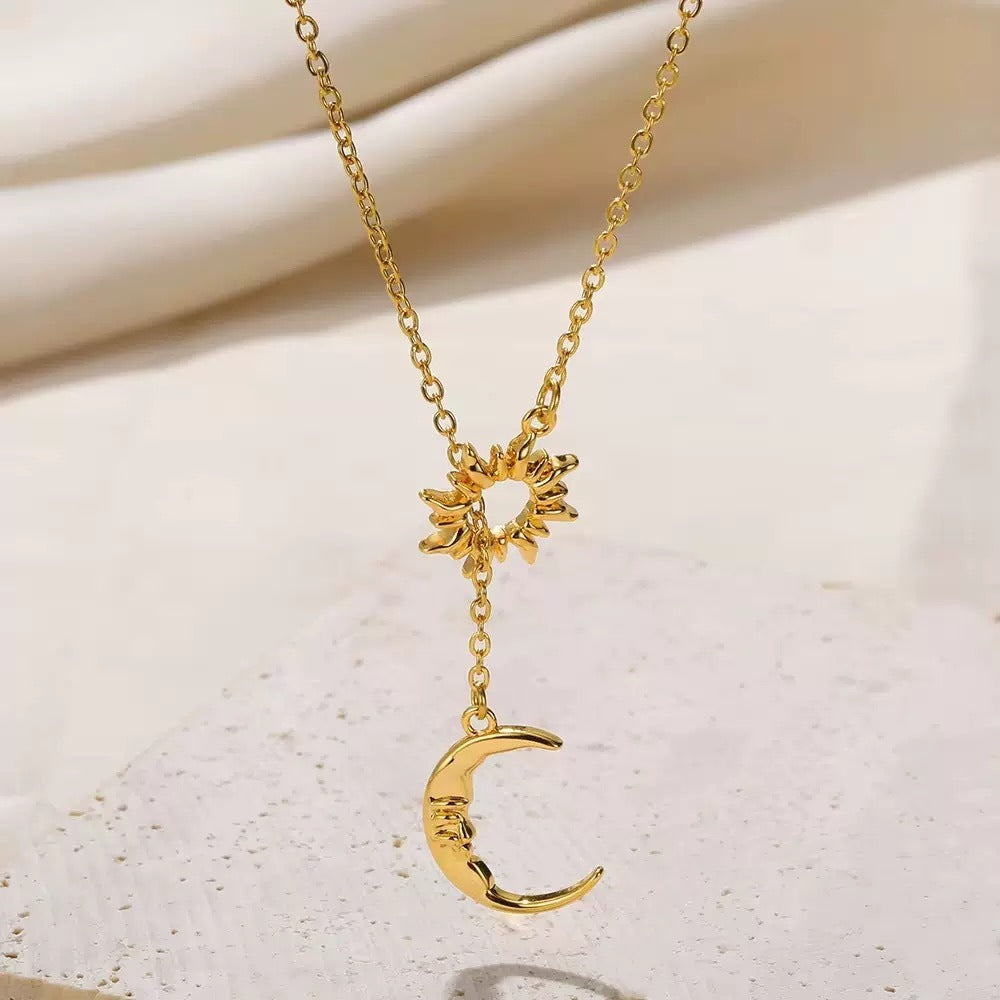 14K Gold Plated Lariat Sun Moon Necklace