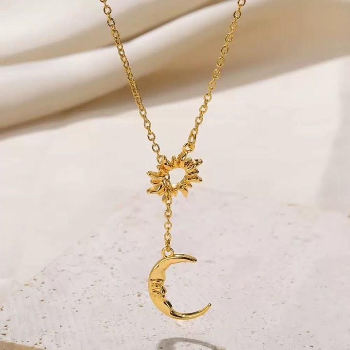 14K Gold Plated Lariat Sun Moon Necklace