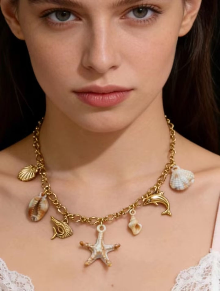 Boho Chunky Paperclip Chain Ocean Charm Necklace