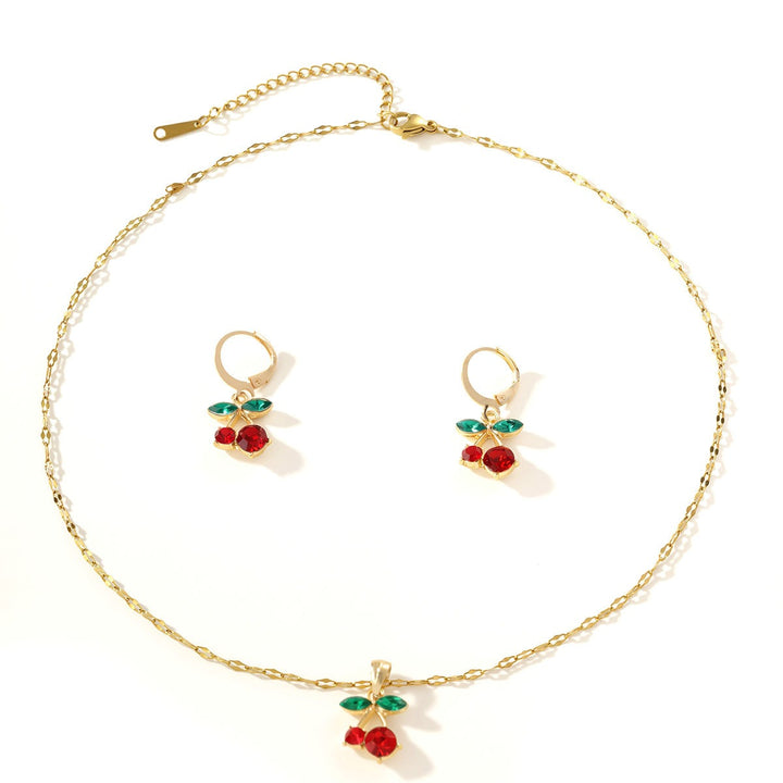 S925 Silver Gold-Plated Cherry Charm Necklace Earrings Set