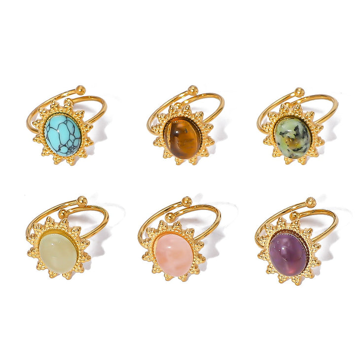 Whisper of the Sun Natural Stone Cabochon Sunburst Adjustable Ring