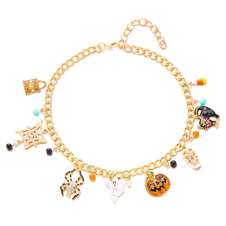 Halloween Bash Ghost, Pumpkin & Spider Charm Chunky Chain Bracelet Necklace Set