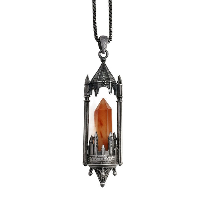 Gothic Boundary Guardian Natural Crystal Point Castle Pendant Necklace