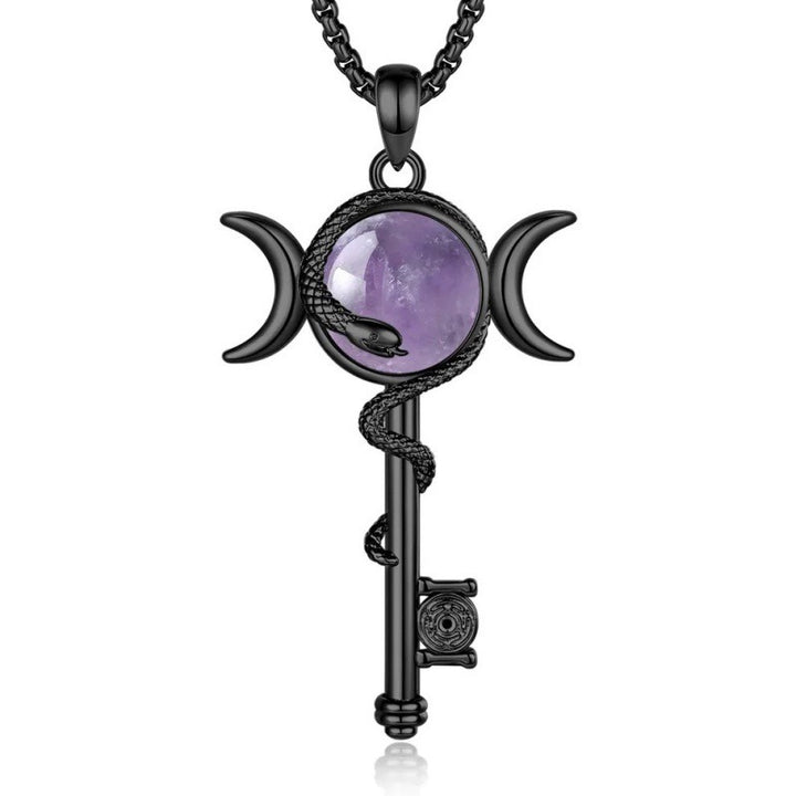 Hecate's Key Triple Moon Goddess Snake-Wrapped Amethyst Talisman Necklace