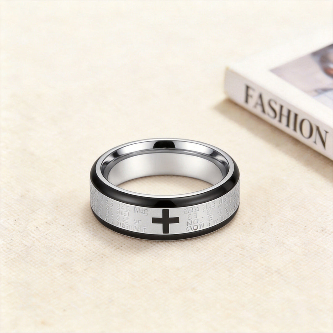 Stainless Steel Two-Tone Lord's Prayer Cross Wide Band Ring