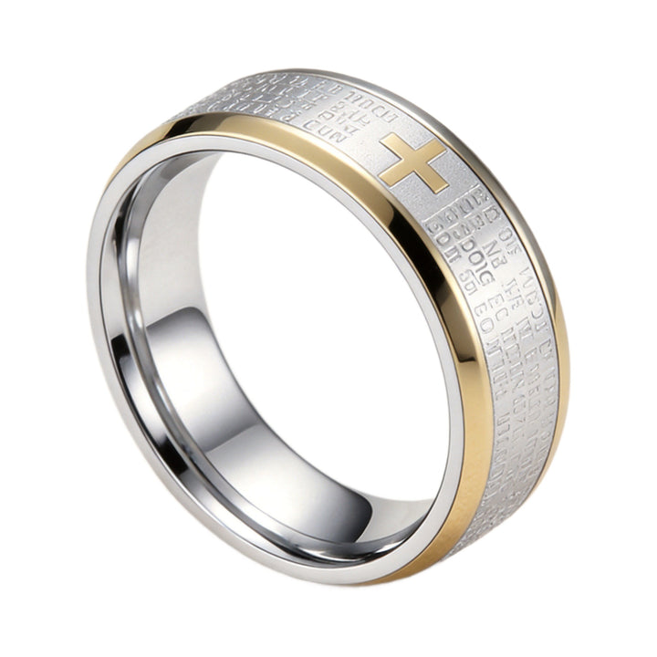 Stainless Steel Two-Tone Lord's Prayer Cross Wide Band Ring