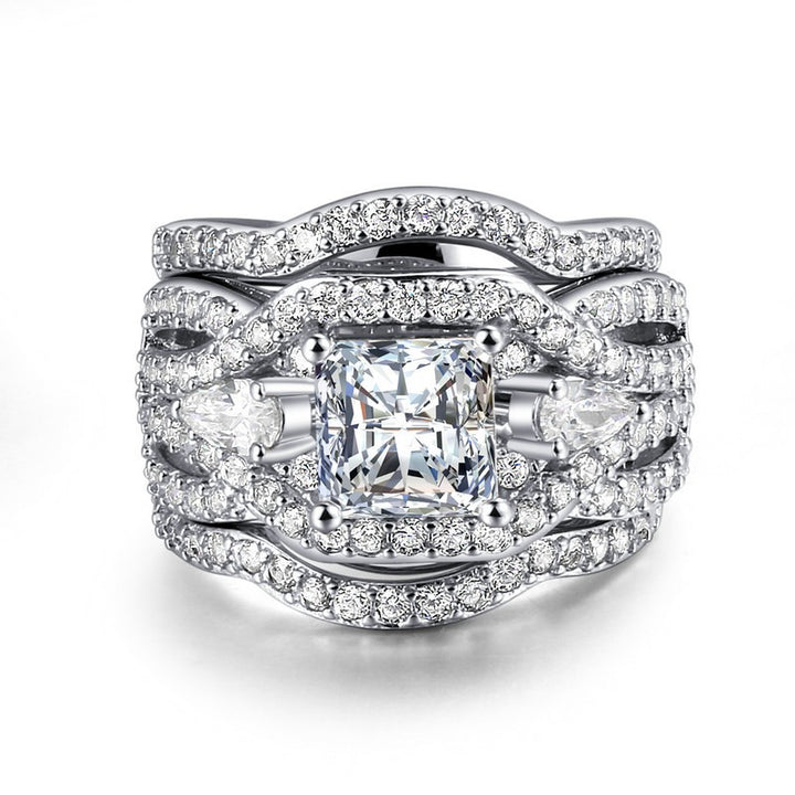 S925 Sterling Silver Princess-Cut Marquise Halo Pavé Wide Band Ring