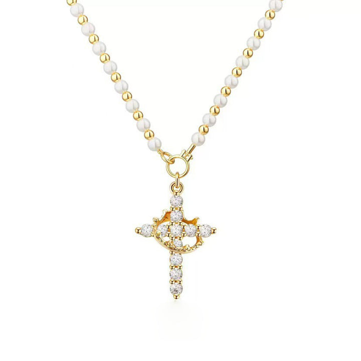 French Elegance Faux Pearl Beaded Micro-Pavé Cross Necklace