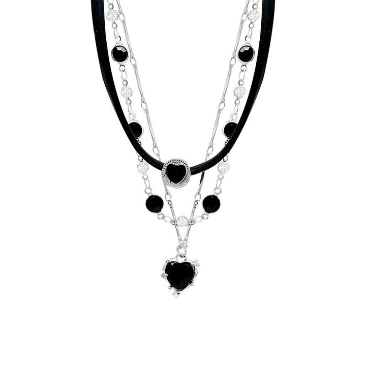 Dark Symphony Y2K Leather Choker Double-Layer Black Stone Necklace Set