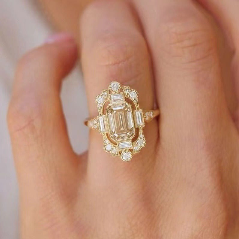 Vintage Art Deco · 14K Gold Plated Emerald-Cut Halo Ring