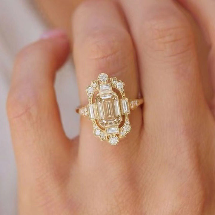 Vintage Art Deco · 14K Gold Plated Emerald-Cut Halo Ring