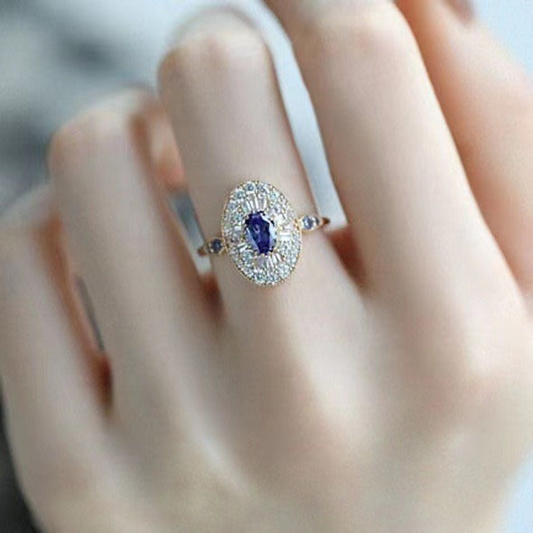 14K Gold Plated Art Deco Sapphire Baguette Halo Open Ring