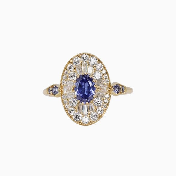 14K Gold Plated Art Deco Sapphire Baguette Halo Open Ring