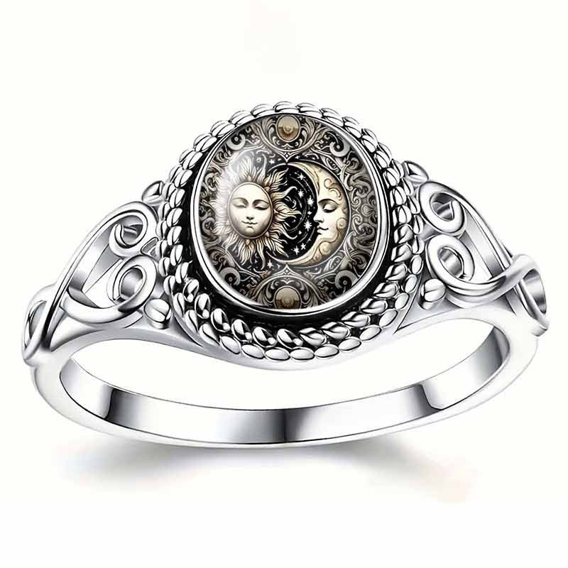 Celestial Legends S925 Sterling Silver Vintage Sun & Moon Motif Adjustable Ring
