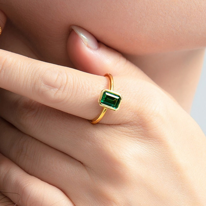 Minimalist Bezel 18K Gold Emerald-Cut Solitaire Ring
