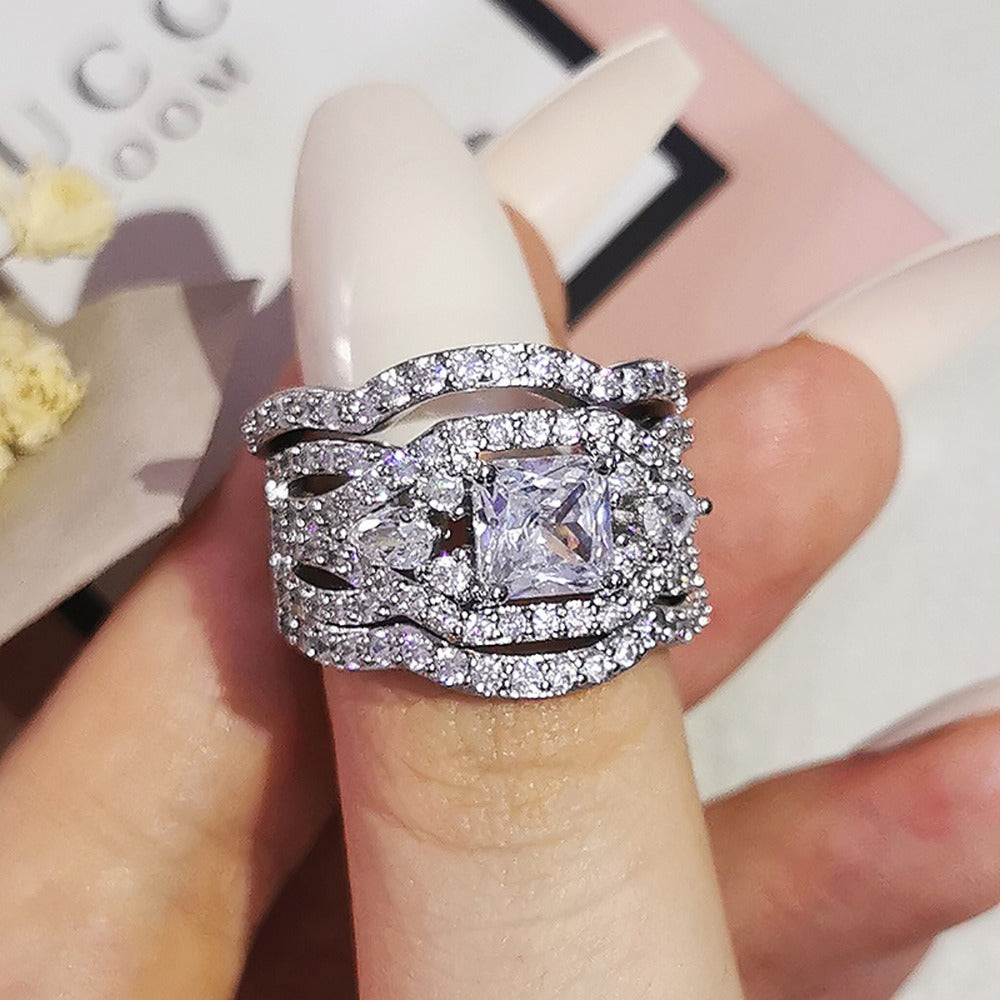 S925 Sterling Silver Princess-Cut Marquise Halo Pavé Wide Band Ring