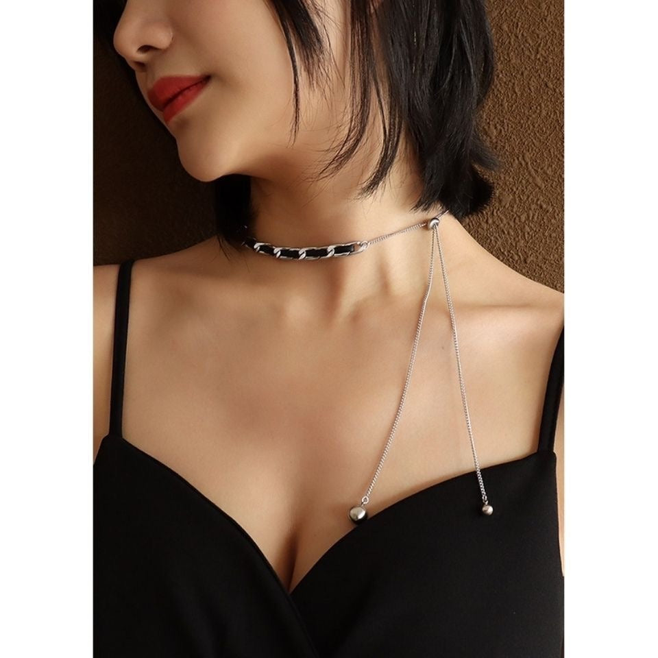 Black Gold Weave Braided Leather Drawstring Necklace Vintage Modern Statement at Your Neck
