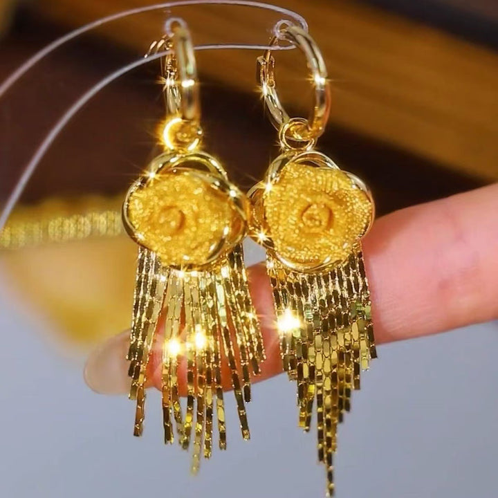 Gilded Rose 18K Gold Rose Tassel Huggie Earrings Vintage Glamour at Your Ears（A Pair）
