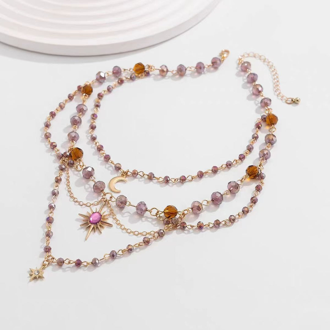 Celestial Lullaby 14K Gold Amethyst Moon Sun Star Layered Necklace